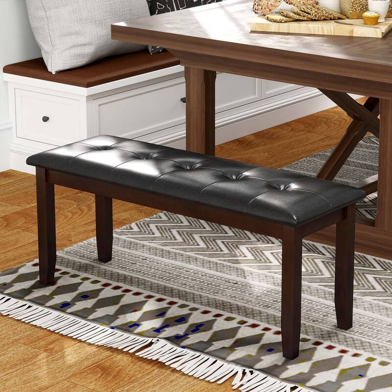 Gymax Upholstered PU Dining Room Bench Solid Wood Button Tufted Dining - Cherry - See Details