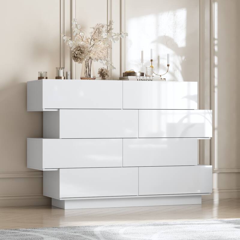 Sleek High Gloss White Eight-Drawer Dresser, Storage Unit Chest - White