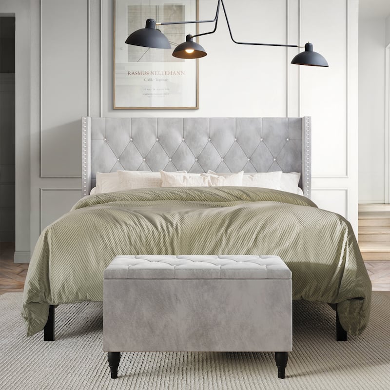 CraftPorch 2 Piece Bedroom Bench Set Velvet Wingback Upholstered Bed