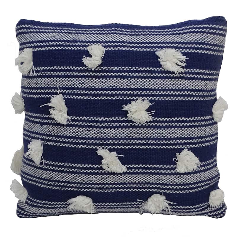 20" X 20" Navy and White Striped Textural Throw Pillow With Pom Poms