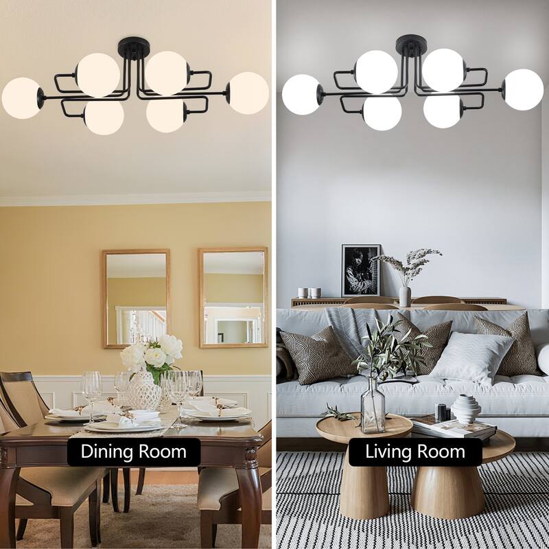 Mid - Century Modern 4 - Light Chandelier, Brass Frame with Glass Globes