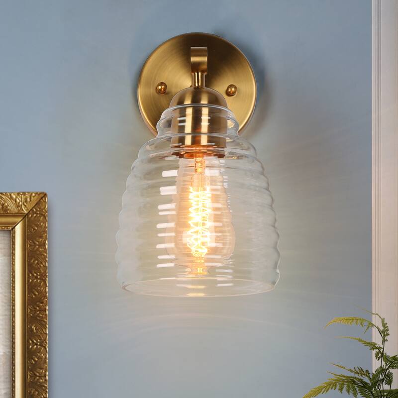 Reno Modern 1-Light Gold Bathroom Vanity Light Clear Glass Wall Sconce - L 5.5" x W 7.5" x H 9.8"