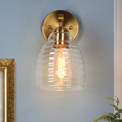 Reno Modern 1-Light Gold Bathroom Vanity Light Clear Glass Wall Sconce - L 5.5" x W 7.5" x H 9.8"