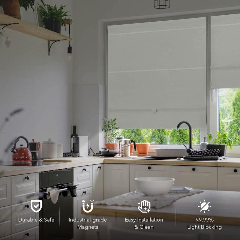 GoDear Design 99.99% Blackout Magnetic Roman Shades, No Drill Cordless Woven Fabric Blinds - 23", 37", 35", 46" W, Vanilla - Vanilla-46''W