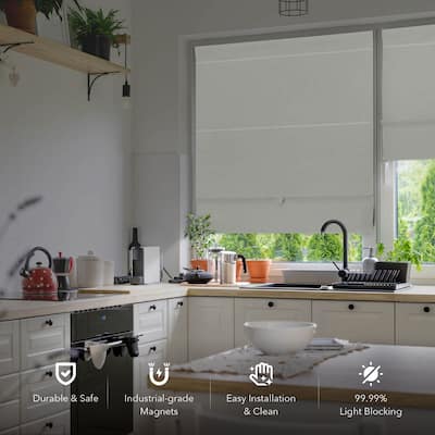 GoDear Design 99.99% Blackout Magnetic Roman Shades, No Drill Cordless Woven Fabric Blinds - 23", 37", 35", 46" W, Vanilla