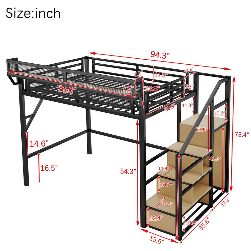 Full Size Loft Bed with Stairs, Storage Shelves, High Loft Bed with Wardrobe for Kids Teens, Black Metal Storage Bed