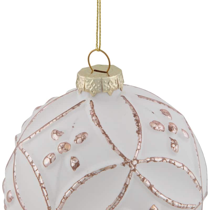 Matte White Pink Floral Glass Hanging Christmas Ball Ornament 3.75"
