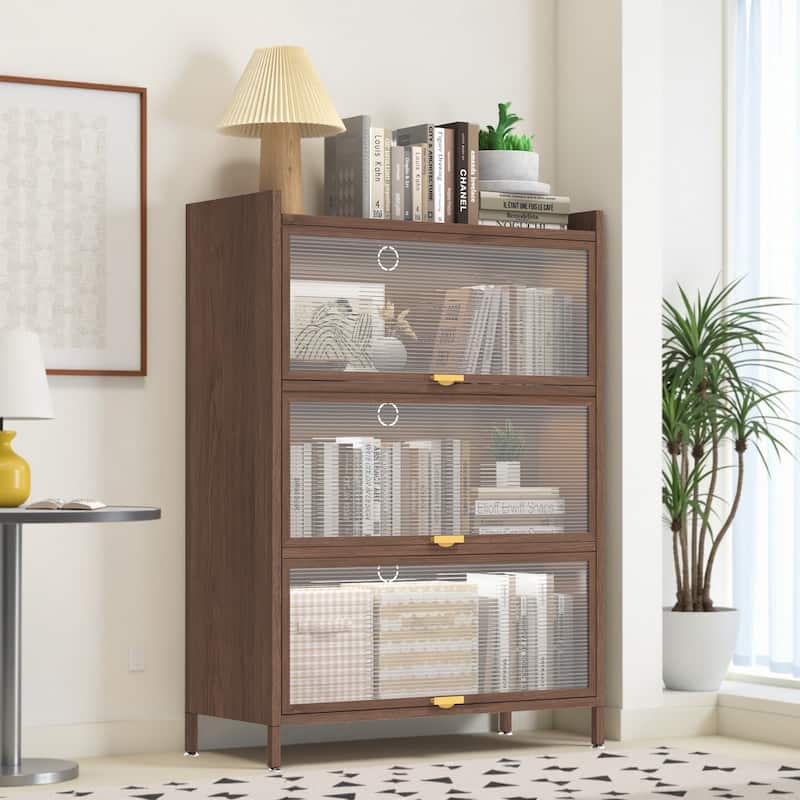 44" Tall Metal 3 Flip Doors Cabinet, with Ample Storage Space for Bedroom, Office, Living Room, Hallway, Entryway - Walnut