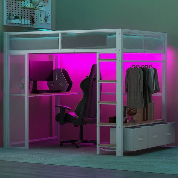 slide 2 of 25, Full Size Gaming Loft Bed with Desk and LED Lights, Metal Loft Bed Frame w/ 3 Linen Storage Drawers, Open Wardrobe & Ladder White - Full
