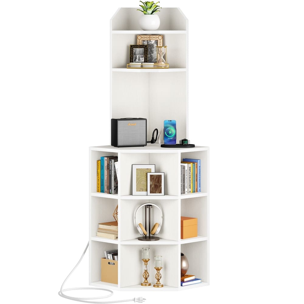 Moasis Industrial Corner Display Bookshelf Bookcase with USB Ports and Outlets