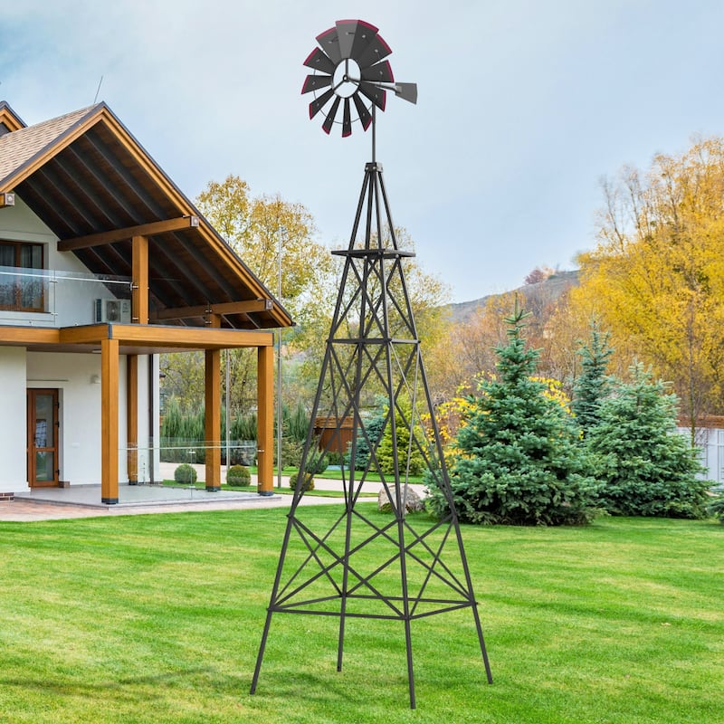 8 Feet Metal Windmill Outdoor Garden Yard Ornament with Weathervane