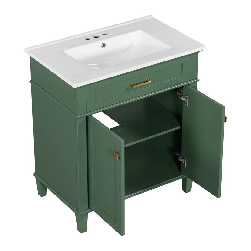 Freestanding Simple Bathroom Vanity Cabinet with Ceramic Basin Sink, Soft Close Door and Adjustable U-shaped Storage Shelves
