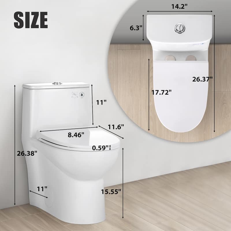 One Piece Toilet Elongated Floor-Discharge Dual Flush Glossy White