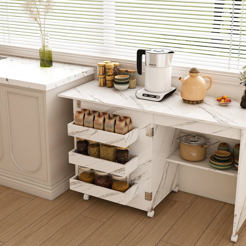 Roomfitters 4 in 1 Folding Sewing Table on Wheels, Craft Station with Shelves, Rolling Workbench & Storage, White