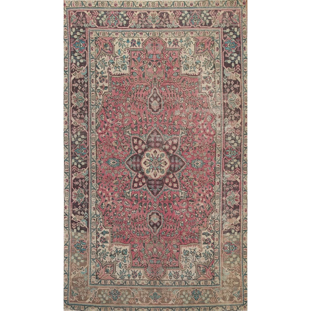 Hand Knotted Oriental 100% Wool Carpet Traditional Floral Pink Tabriz Area Rug - 10' 0'' X 6' 5''