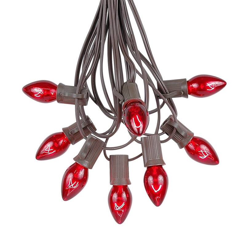 25 Foot C7 Christmas Light Set, Hanging Patio String Lights, Brown Wire - Red