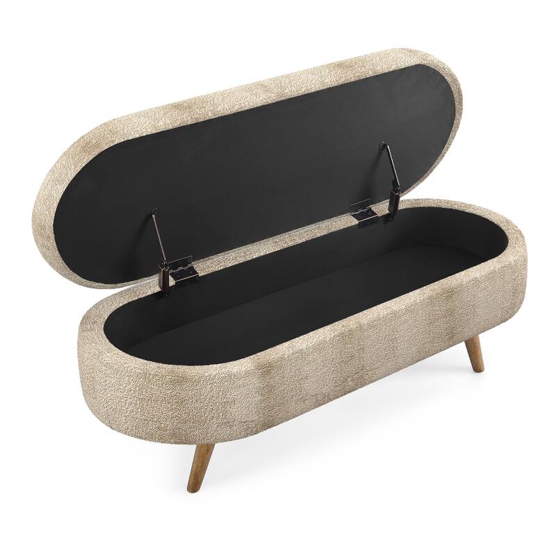Oval Flip Top Storage Bench, Fabric Upholstered Entryway Bench, End of Bed Bench with Rubber Wood Legs for Bedroom, Living Room