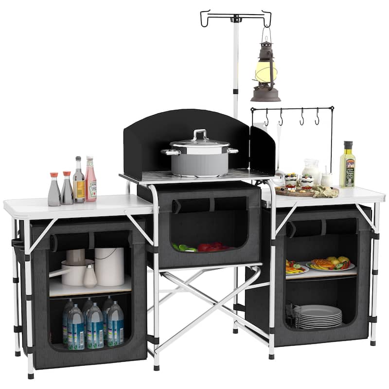 Outsunny Camping Kitchen Table, Portable Folding Camp Kitchen, Aluminum Cook Station with 3 Fabric Cupboards, Windshield