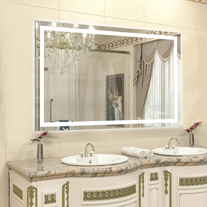 Extra Large LED Bathroom Mirror Anti-Fog Tempered Wall Vanity Mirror with Double Light Strip, Dimmable, UL-Listed