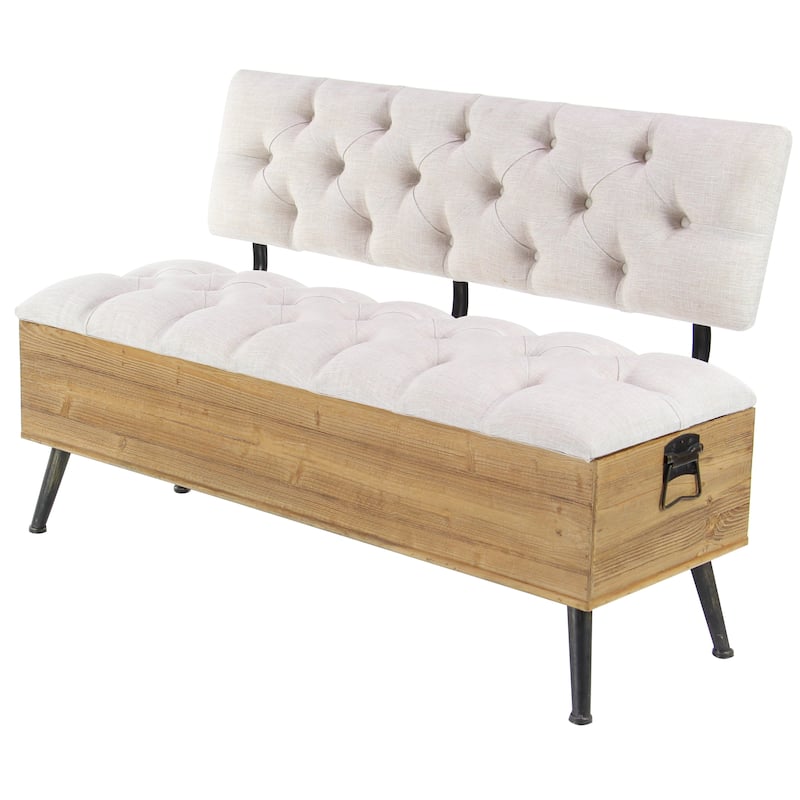 White Fabric Storage Bench with Cream Tufted Seat and Back