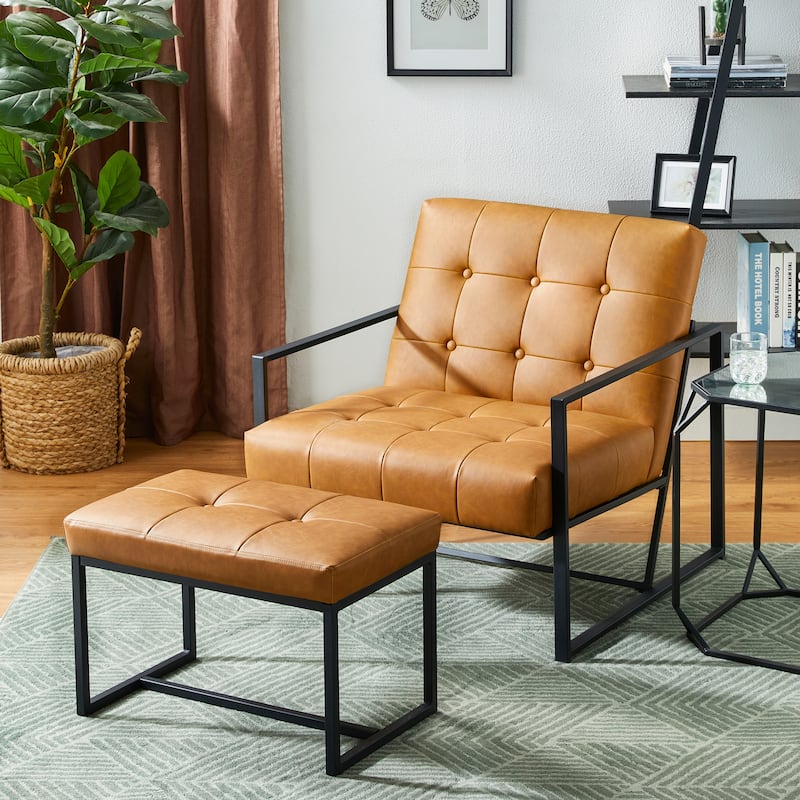 Glitzhome 24"W Modern PU Leather Button-tufted Ottoman Foot Stool