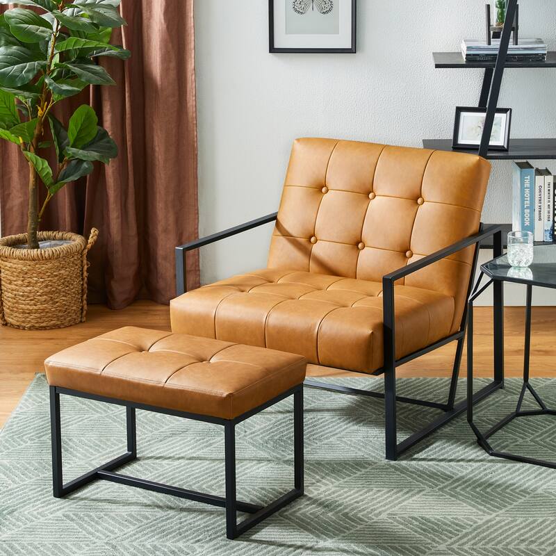 Glitzhome Set of 2 24"W Modern PU Leather Button-tufted Ottoman Foot stool