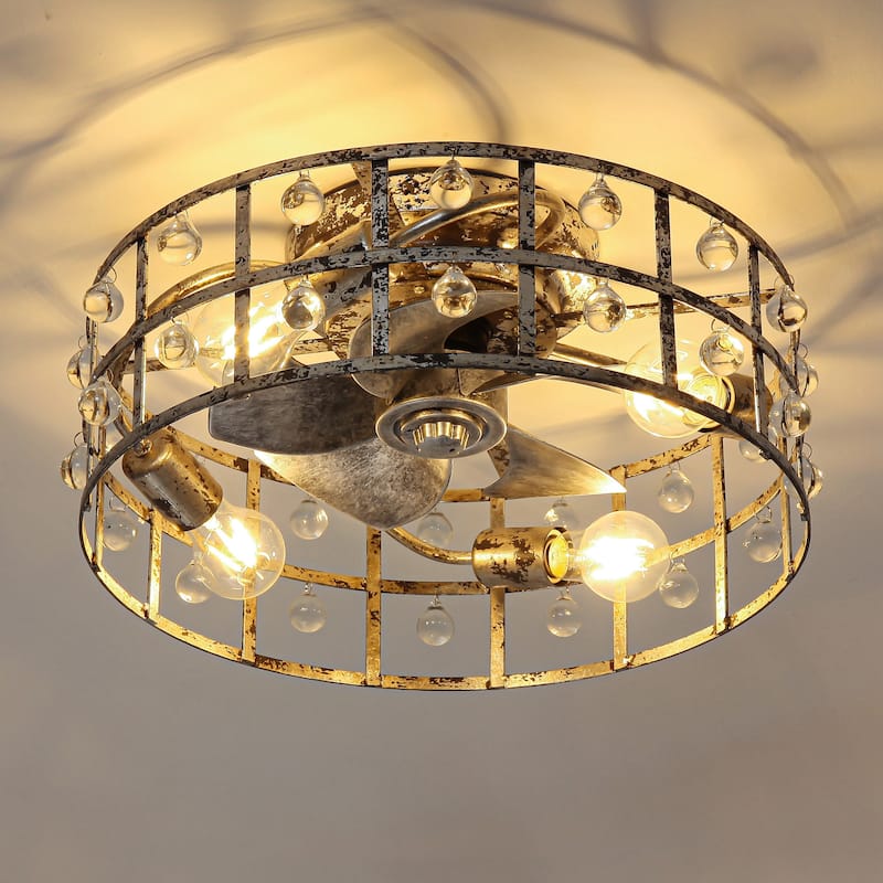 18-inch Distressed Silver Crystal Caged Low Profile Celing Fan Fandelier with Remote and APP Control