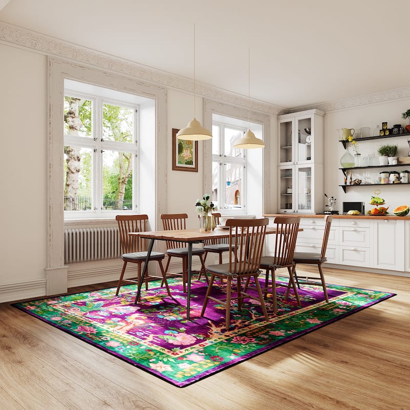 Rustic Floral Abstract Indoor Rug Purple Anti-slip & Washable
