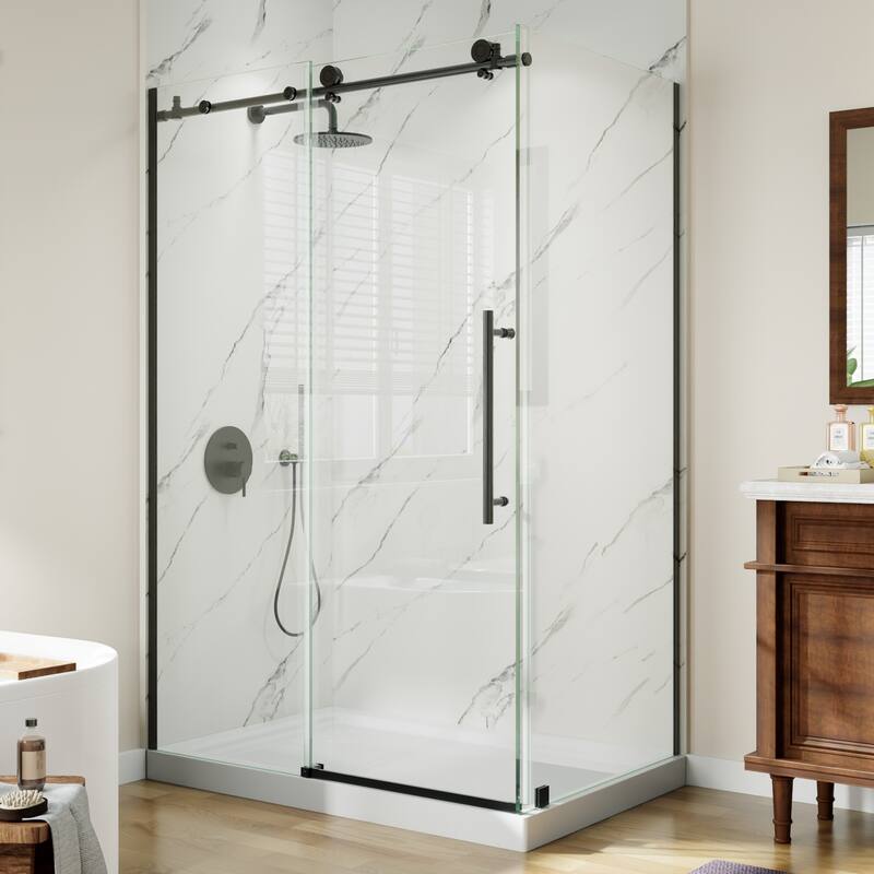 Modland 44-48" x 72'' Semi-Frameless Sliding Shower Enclosure - 5/16" SGCC Glass, Matte Black/Brushed Nickel