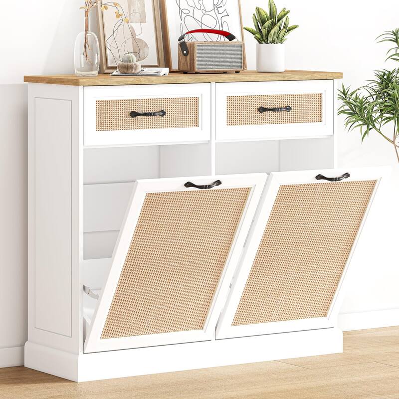 Tilt Out Trash Cabinet with Natural Rattan, Hidden Trash Can Cabinet 10 Gallon Trash Holder - Full