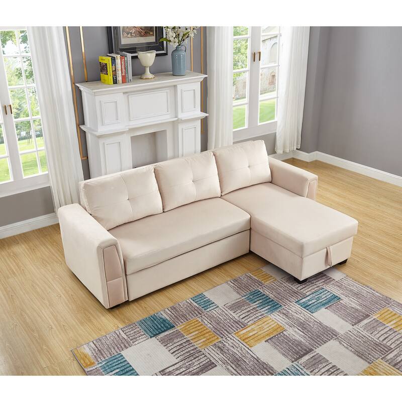 Velvet Reversible Sofabed Sectional Sofa & Chaise - 91" Wide