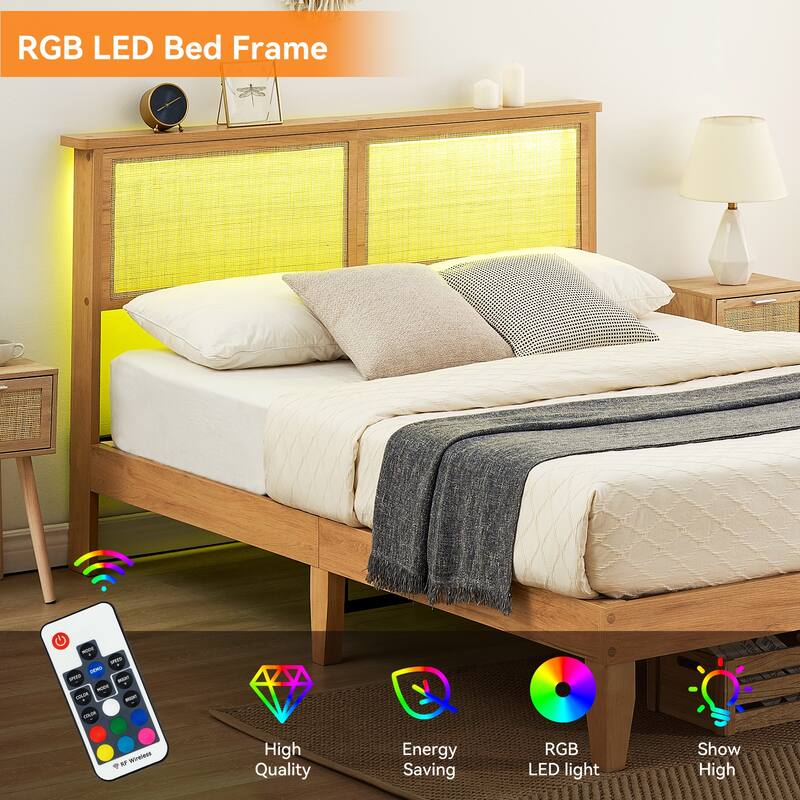 Bed Frame with Natural Rattan Headboard, LED Lights, No Box Spring Needed