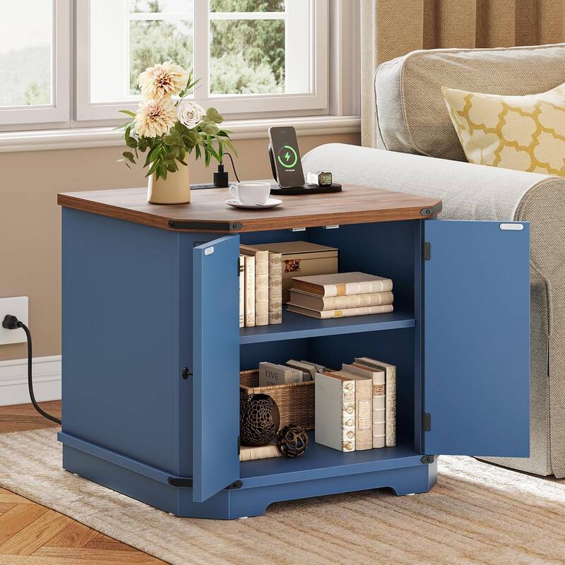 Moasis End Table with Charging Station, Farmhouse Side Table with Storage and Shelves