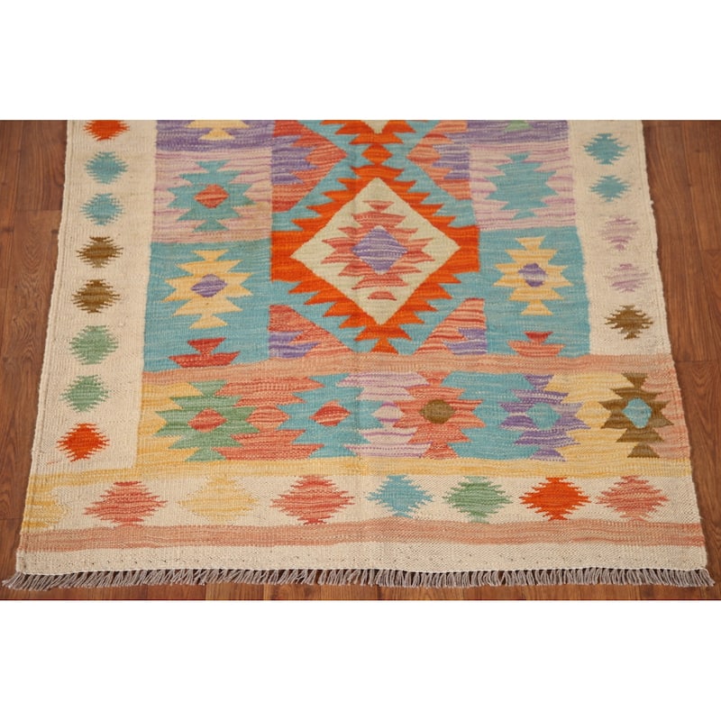 Reversible Geometric Kilim Area Rug Flatweave Wool Carpet - 3'2"x 4'11"