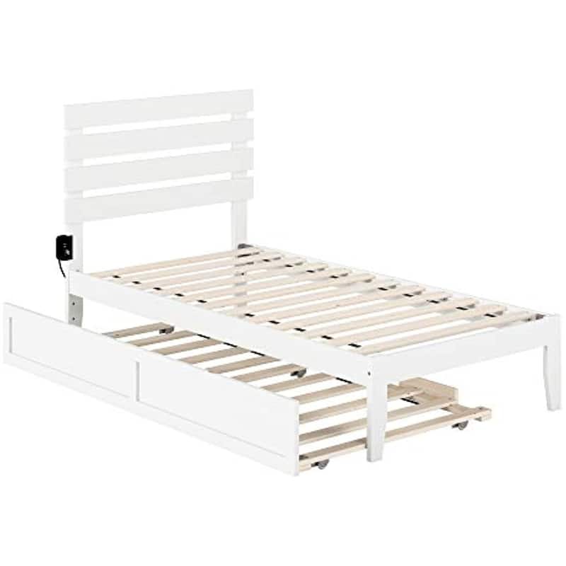 Twin Bed With Trundle & USB Charger - Modern Loft Style Bed Frame, Durable Wood Construction, White Finish