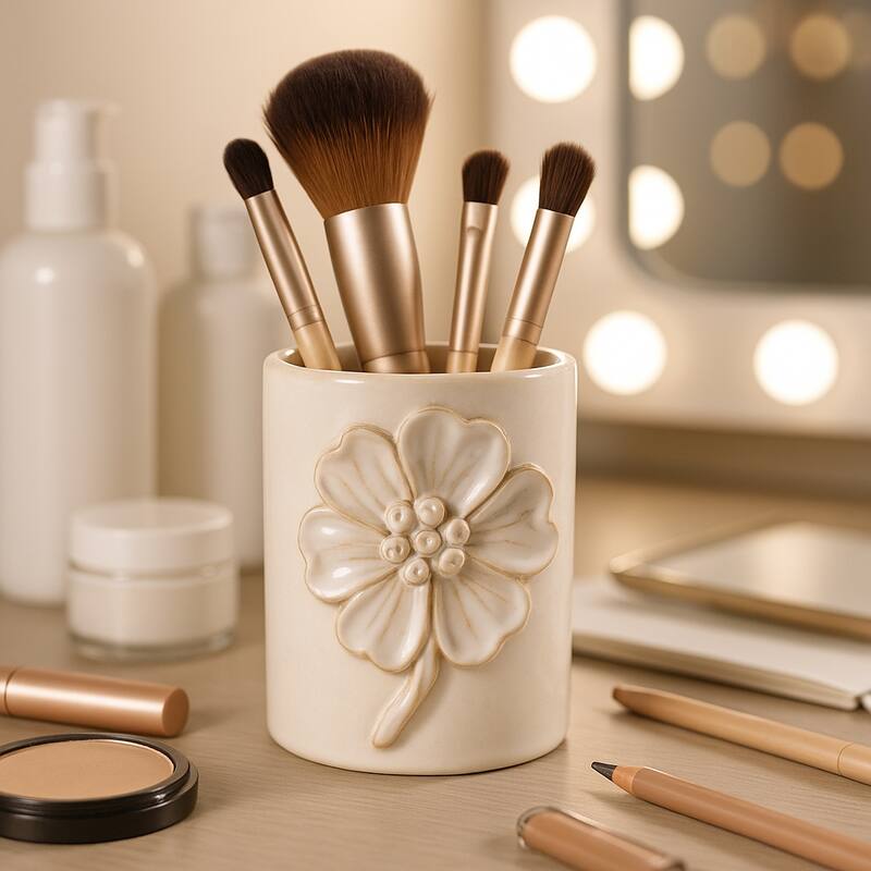 Ceramic Cute Pencil Cup Decorative Flower Office Desk Accessory - Off-White - Natural Stone