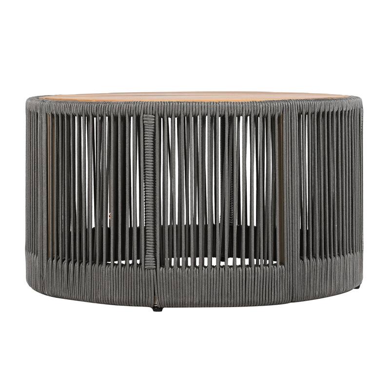 Roomfitters 31.5" Round Outdoor Coffee Table, Acacia Wood and Rattan Rope Accent Table for Patio and Balcony