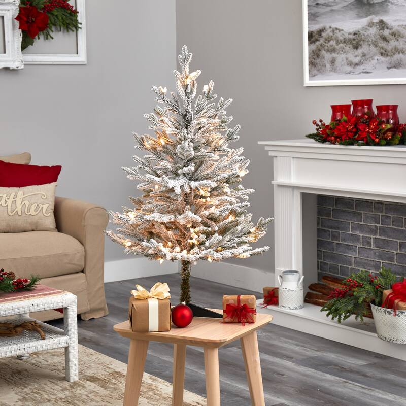 3’ Pre-Lit Flocked Fraser Fir Artificial Christmas Tree, Clear LED Lights - 3 Foot