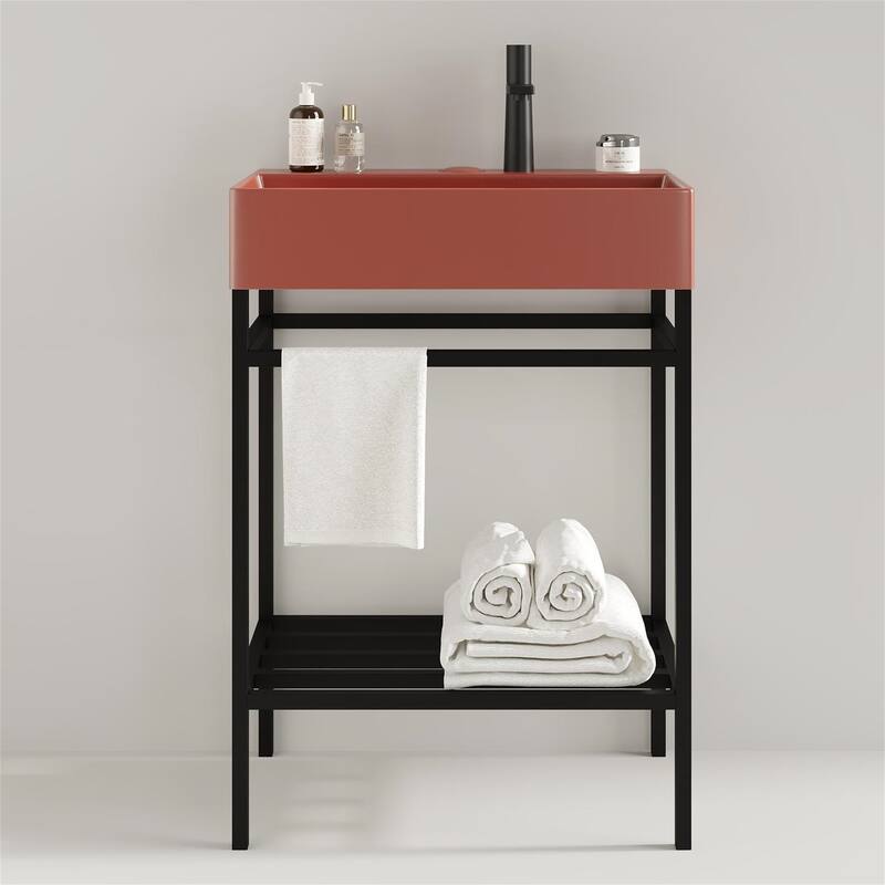 24" Bathroom Vanity Set with Ceramic Basin and Storage Shelves (No Faucet)