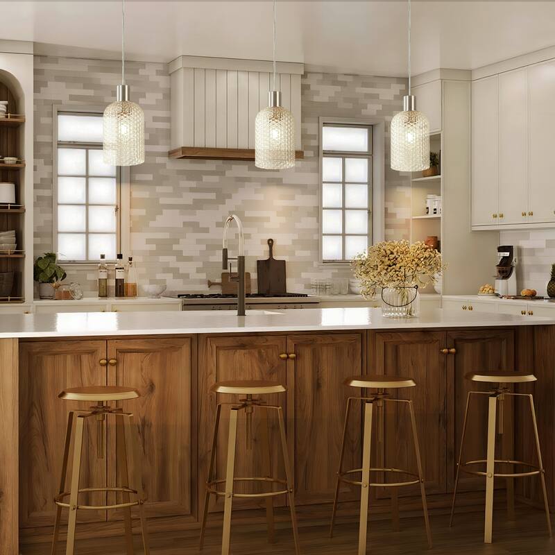 1/3-Light Modern Glam Bell-Shaped Adjustable Island Pendant Light with Clear/Blue/Amber Textured Glass