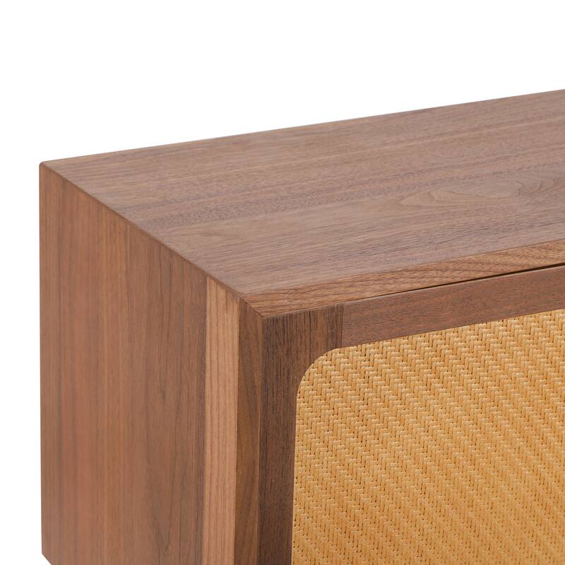 Rotating Hidden Compartment Nightstand for Bedroom, Mid Century Modern Rattan Bedside Table End Table with Wood Legs