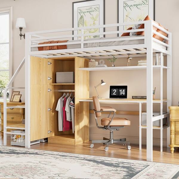 slide 2 of 13, Metal Loft Bed With Wardrobe and Stepped Stairs White
