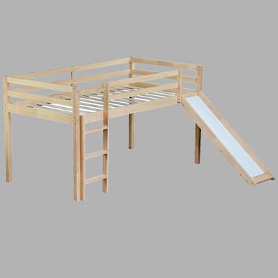 Rubber Wood Twin Low Loft Bed with Fun Slide, Ladder, and Safety Guardrails for Children