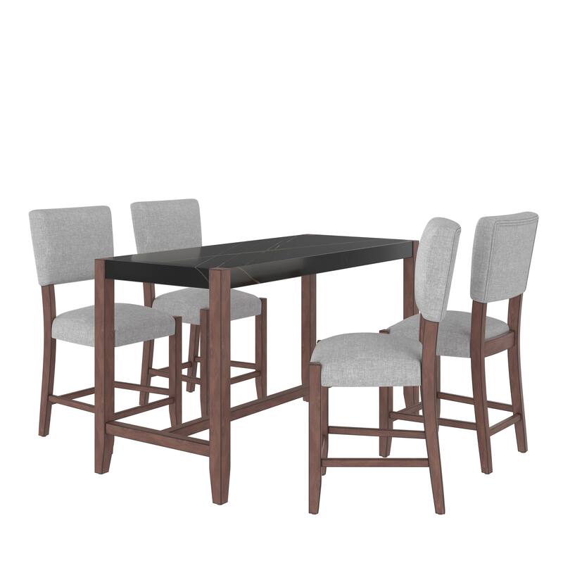 5-Piece Counter Height Dining Table Set, Faux Marble Bar Table and 4 Upholstered-Seat Chairs