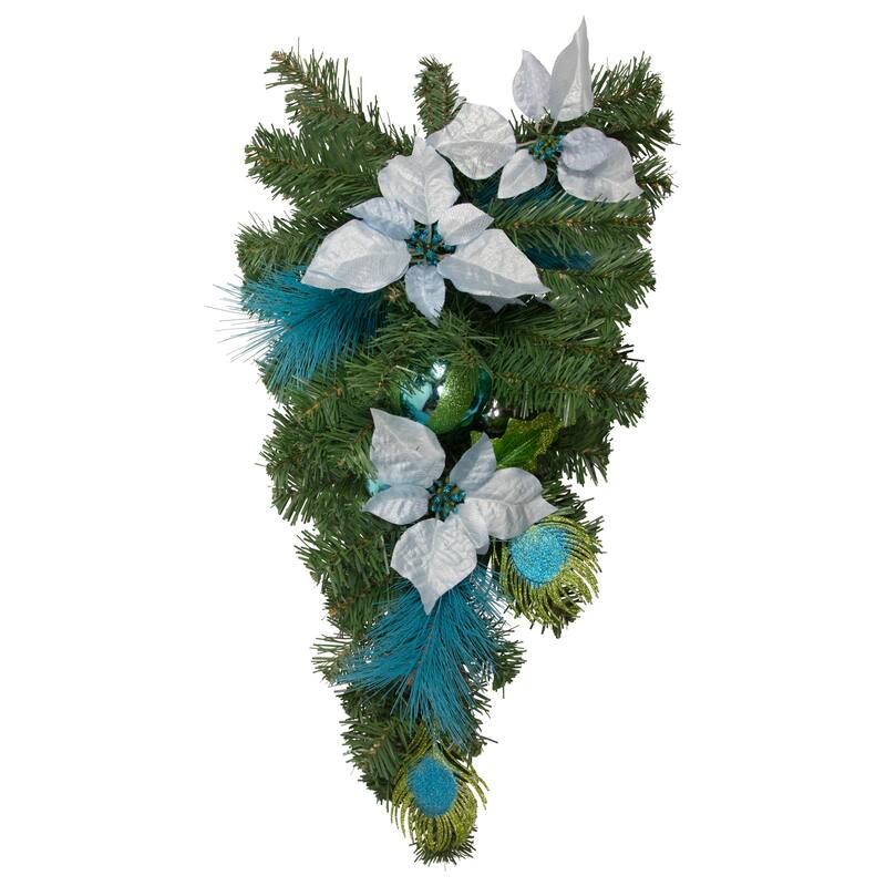 22" Peacock Feather Poinsettia Artificial Christmas Teardrop Swag