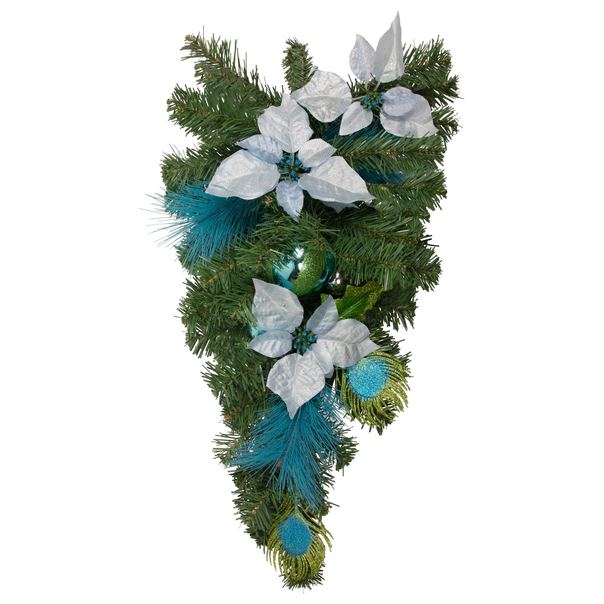 22" Peacock Feather and Poinsettia Artificial Christmas Teardrop Swag Unlit