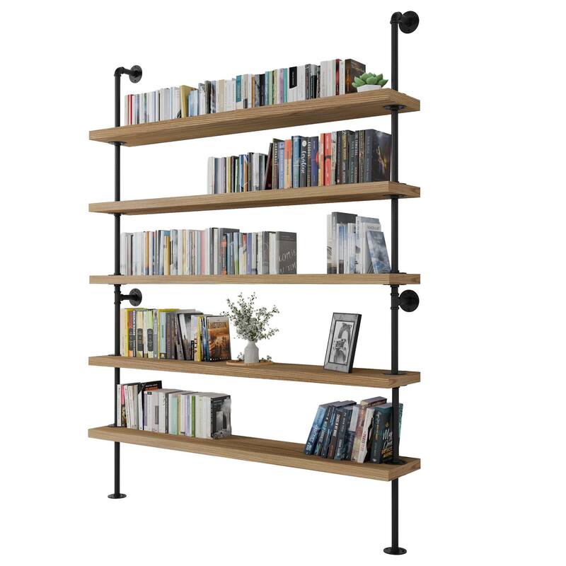 Wallniture 60" x 9.25" Pipe Bookcase, Industrial Book Shelving Unit, Hanging Shelves for Home Organization, Farmhouse, 5 Tier