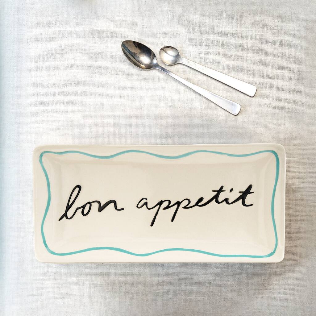 Stoneware Platter with Wax Relief "Bon Appétit" Design - 12.75"L x 6.0"W x 0.75"H