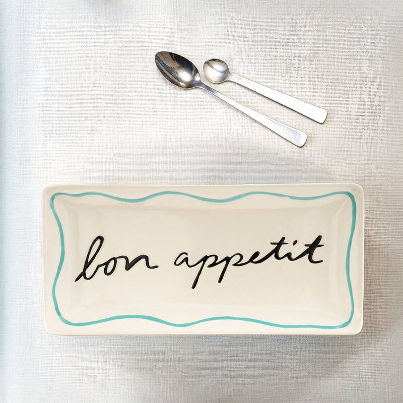 Stoneware Platter with Wax Relief "Bon Appétit" Design - 12.75"L x 6.0"W x 0.75"H - White; Black; Blue