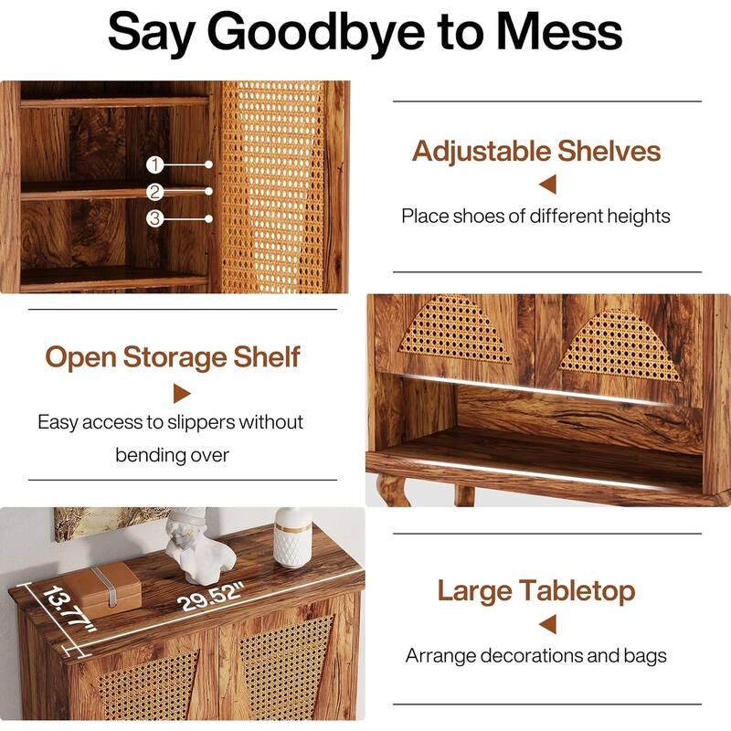 25" Modern Rattan Natural Wood Shoe Cabinet with 5-Tier